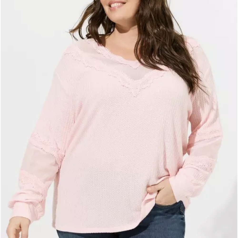 Torrid Pink Waffle V-Neck Long Sleeve Mesh Inset Sweatshirt Pink Size 00